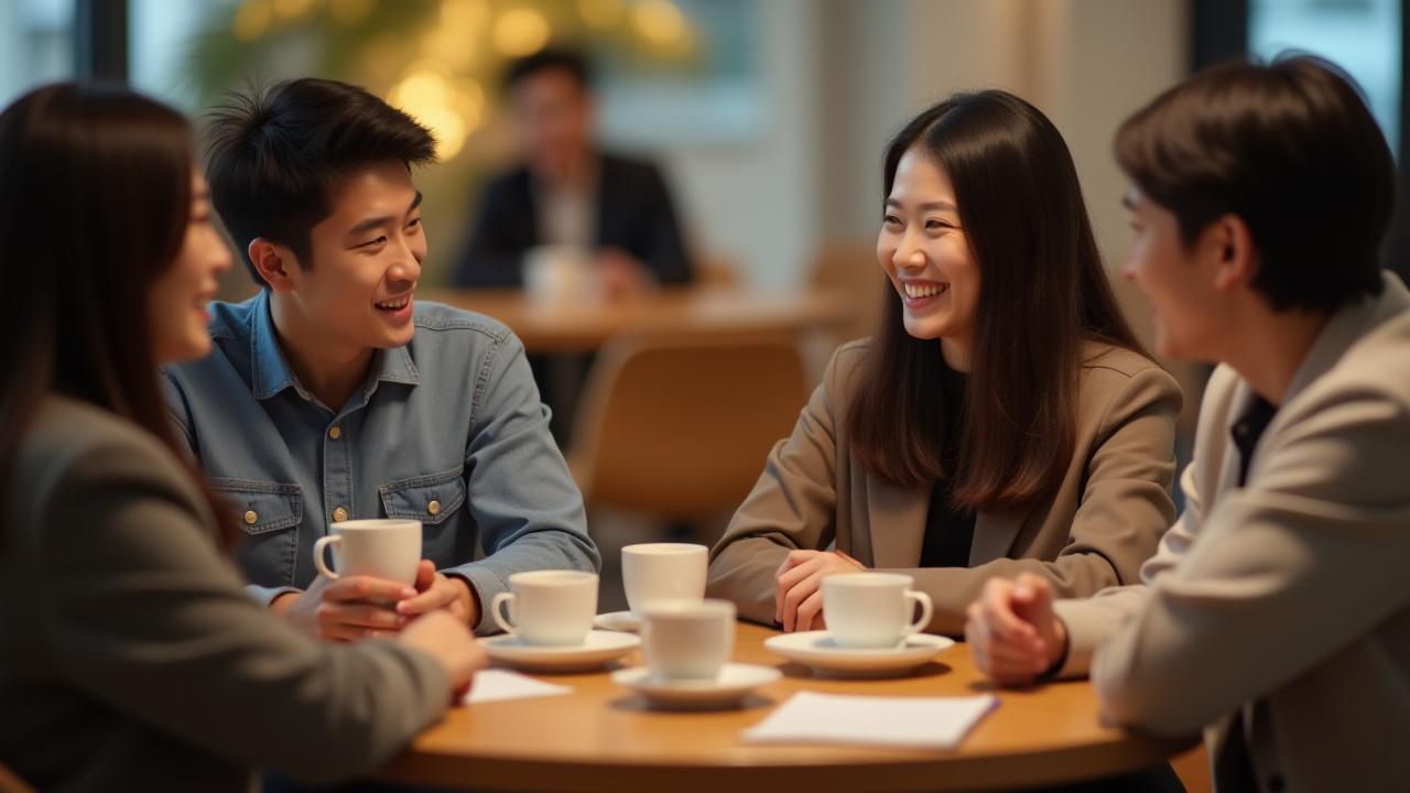 여러 그룹이 소규모로 모여 편안하게 커피챗을 나누는 모습